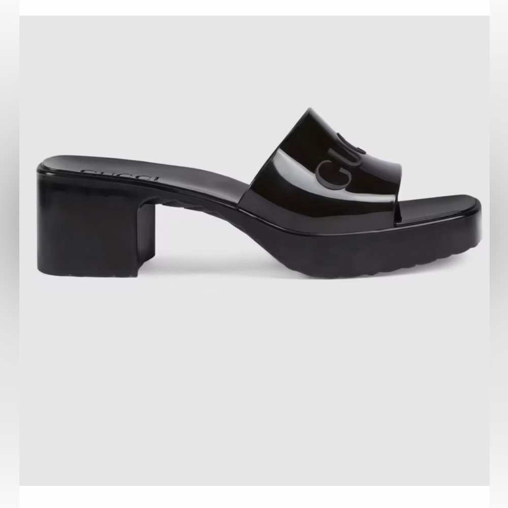 NEW GUCCI Slides Sandals Heels Black Rubber Platform Logo Size 9 40